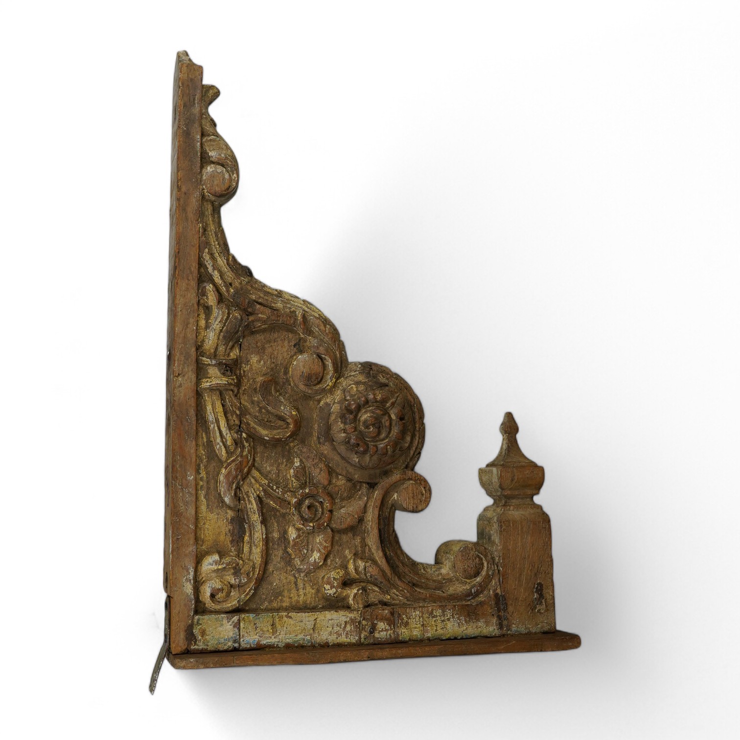 A large 19th century Indo-colonial carved hardwood bracket, 36.5cm deep, 54cm high. Condition - gilding worn